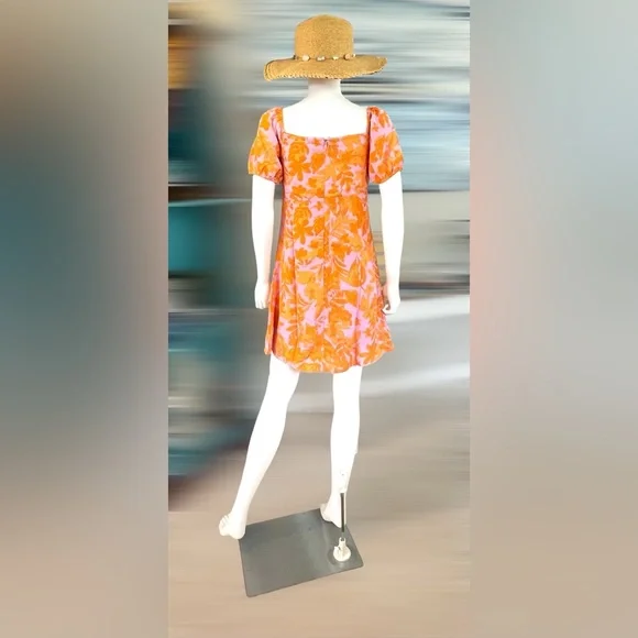 Orange sherbet and lavender puff sleeve mini dress S M L - Picture 2 of 4